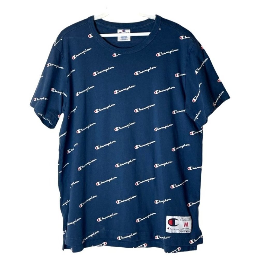 Champion Blue Cotton Allover Script Heritage Crew‎ Neck Short Sleeve Tee M